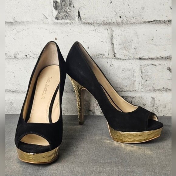 ENZO ANGIOLINI EASULLY BLACK SUEDE GOLD PLATFORM HEEL - Picture 2 of 13